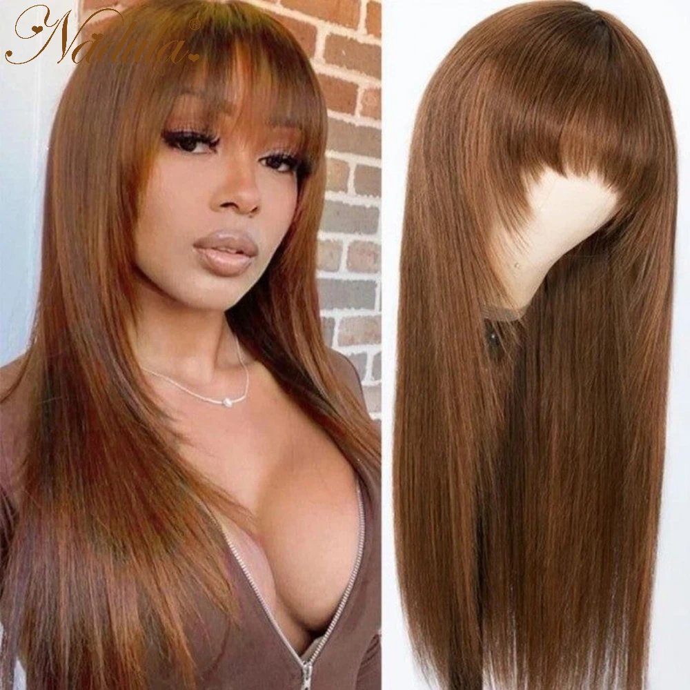 Top Trends: Nadula Hair Chocolate Brown Color Straight With Bangs Classic Cap Layer Cut Wigs 100% Human Hair Wigs Machine Made For Women Shoppable Styles