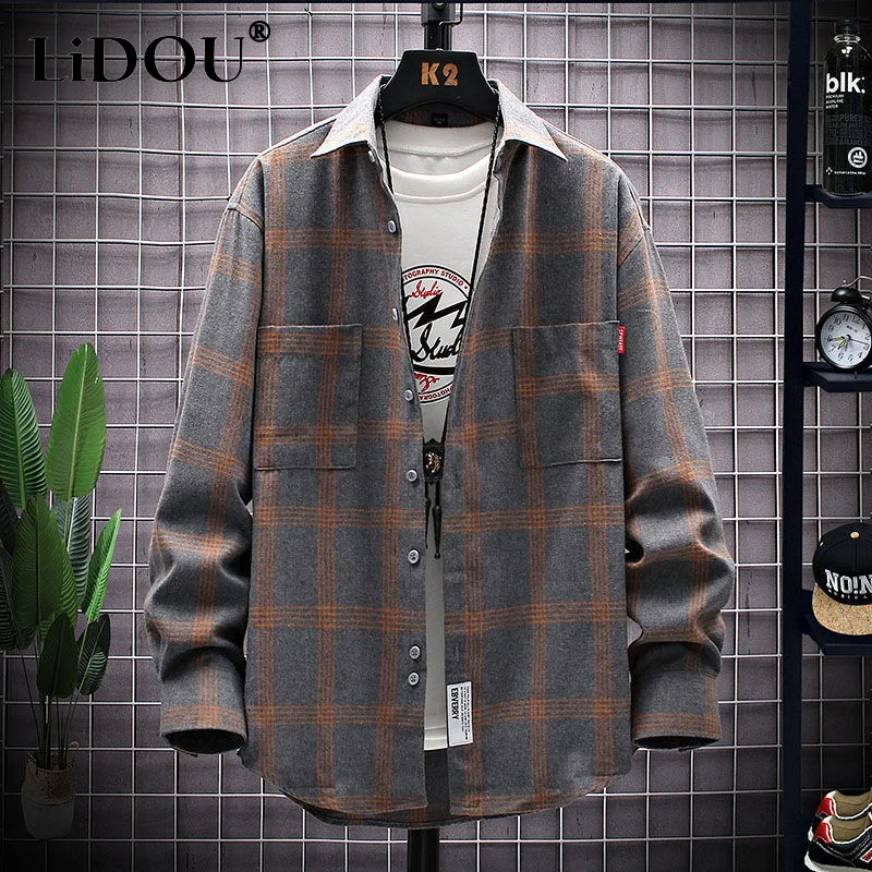 Top Trends: Spring Autumn Fashion Trend Korean Simple Blouse Male Long Sleeve Plaid Shirt Loose Casual Top Man All Match Streetwear Clothes Shoppable Styles