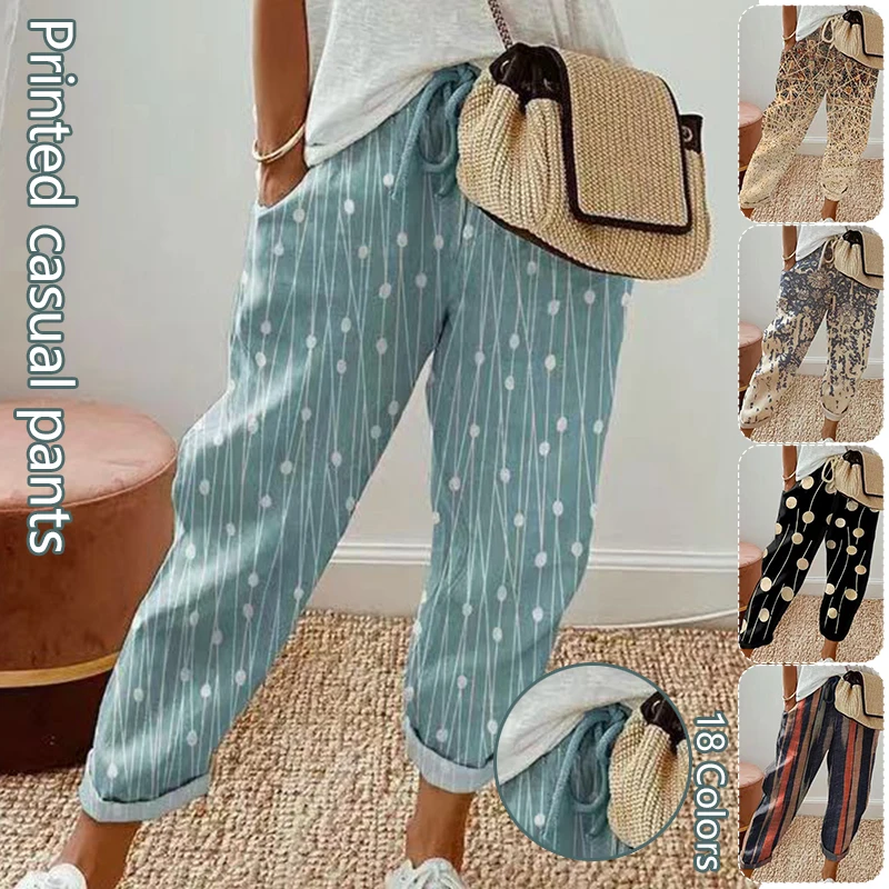 Top Trends: Vintage Floral Printed Pants Women Summer Imitation Cotton Linen Wide Leg Trousers Polyester Elastic Waist Casual Pockets Pants Shoppable Styles