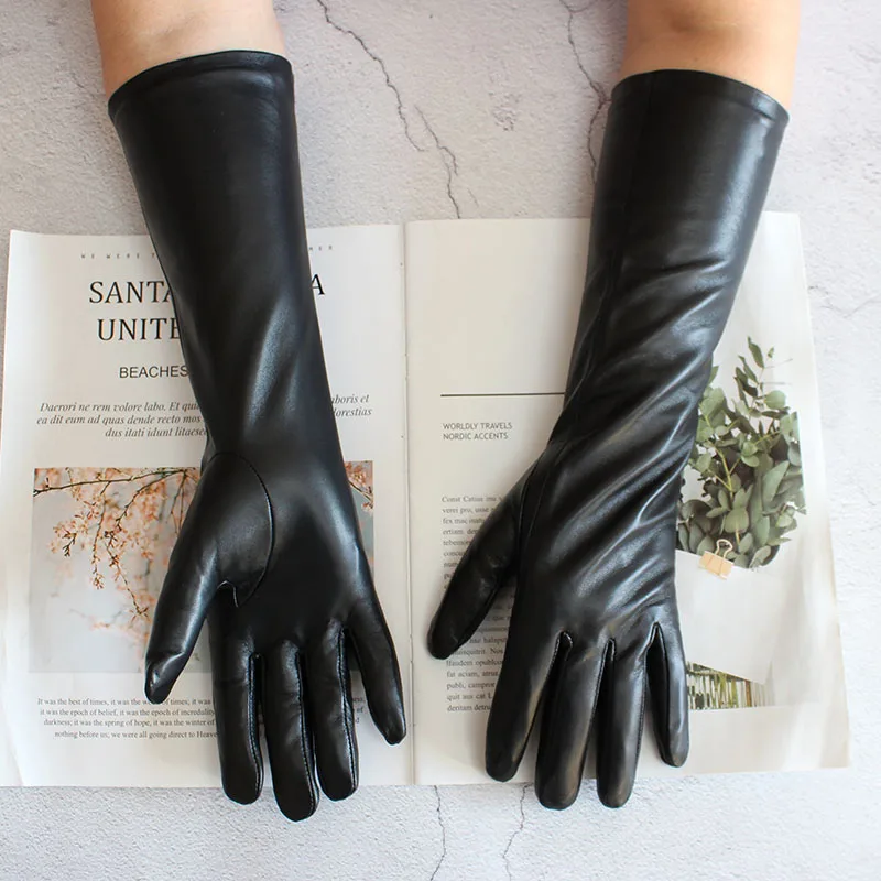 Top Trends: 38 CM Long Sheepskin Gloves Women's Fashion Color Leather Finger Gloves With Velvet Lining To Keep Warm In Autumn And Winter Shoppable Styles - Image 2