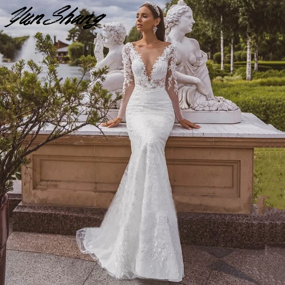 Top Trends: YunShang 2 In 1 Wedding Dress Deep V-Neck Long Sleeve Lace Appliques Tulle Mermaid Bride Gown Zipper Backless Vestidos De Noiva Shoppable Styles