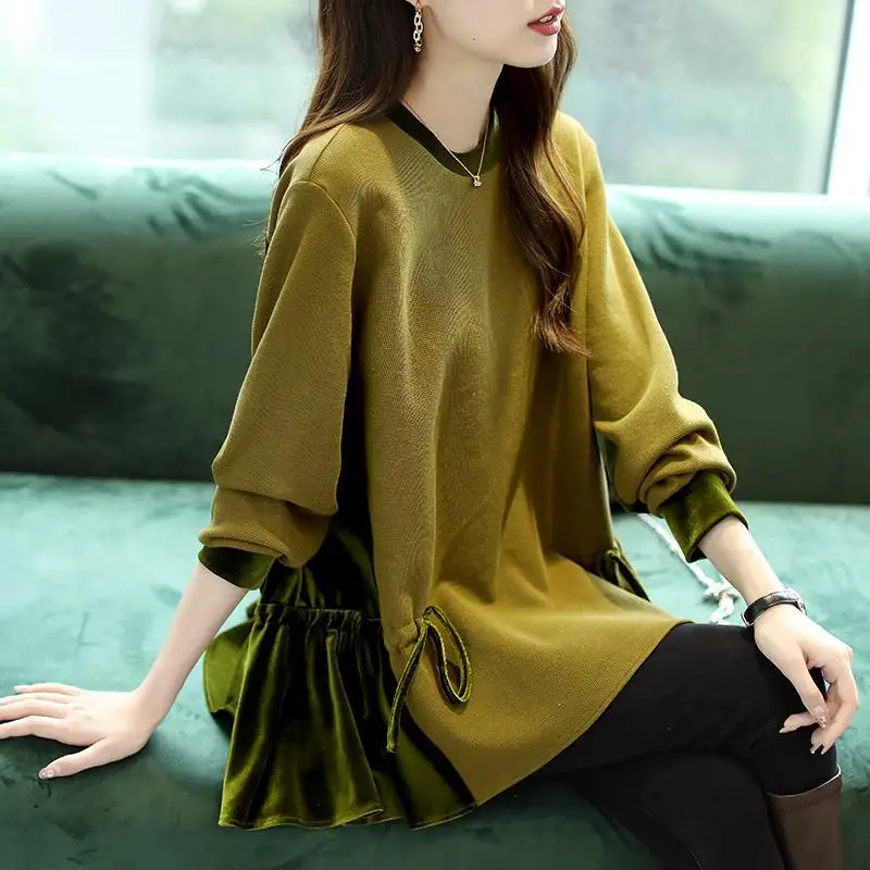 Top Trends: Fashion O-Neck Spliced Loose Shirring Bandage Blouses Women&#039;s Clothing 2023 Autumn Winter Oversized Casual Tops Commuter Shirts Shoppable Styles