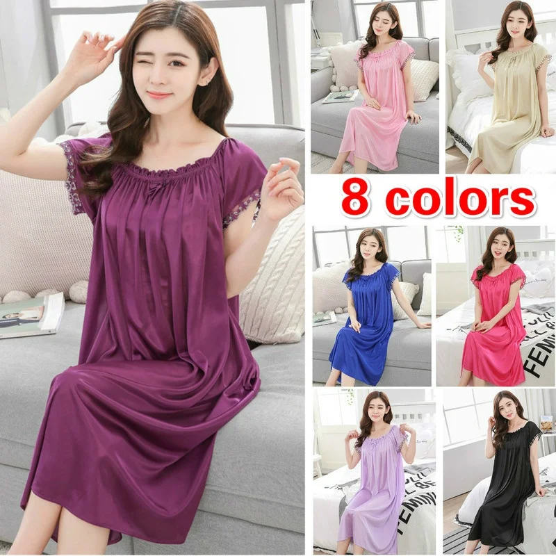 Top Trends: Summer Womens Solid Color Sleepshirt Home Clothing Lace Ice Silk Long Nightdress Short Sleeve Loose Sleepswear Shoppable Styles