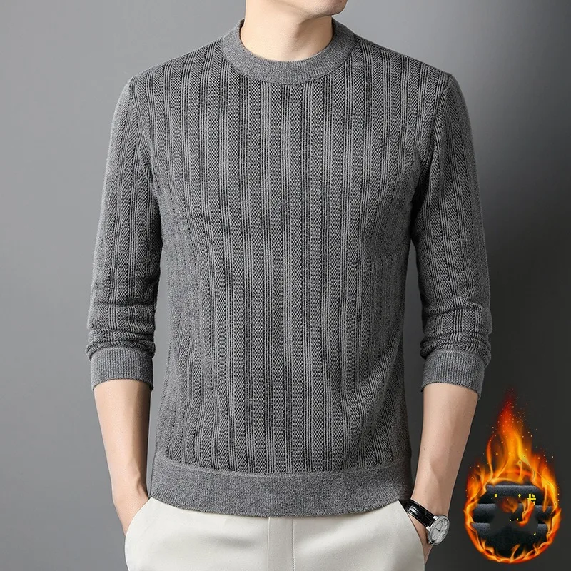 Top Trends: Autumn And Winter Men&#039;s Pullover Round Neck Solid Screw Thread Plush Thickened Sweater Knitted Underlay Fashion Casual Tops Shoppable Styles