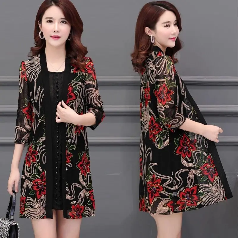 Top Trends: 2023 Summer Women's Lace Cardigan Printed Mid-length Shawl Thin Middle-aged Women Air-conditioned Shirt Jacket Y256 Shoppable Styles - Image 6