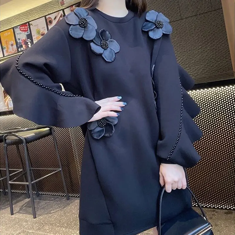 Top Trends: Spring Autumn Beading Ruffles Spliced Sweatshirts Female Clothing Chic Floral Three-dimensional Decoration O-Neck Midi Pullovers Shoppable Styles