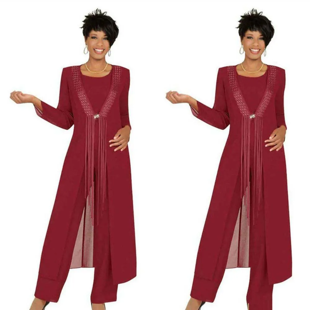 Top Trends: 2023 Three Piece Mother Of The Bride Pant Suits With Jacket Chiffon Dark Red Front Tassels Custom Made Long Sleeve Wedding Dress Shoppable Styles