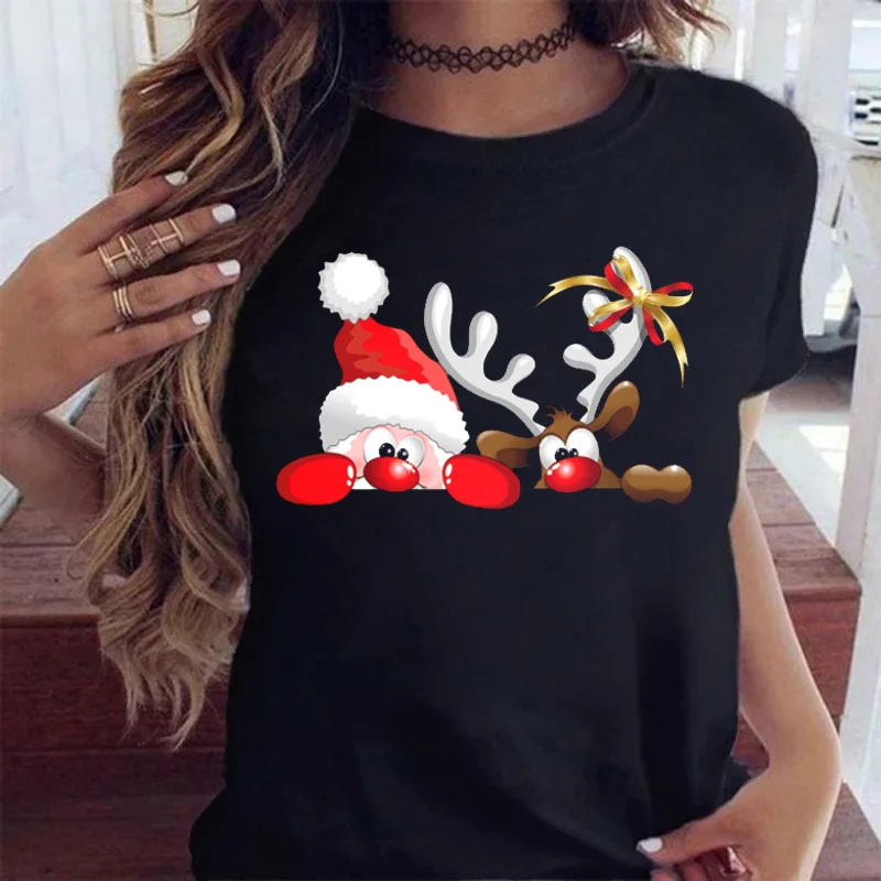 Top Trends: Maycaur Fashion Women's Tops Tee Women Merry Christmas Holiday Tshirts Funny Cartoon Santa Reindeer Printed Black T-shirt Female Shoppable Styles