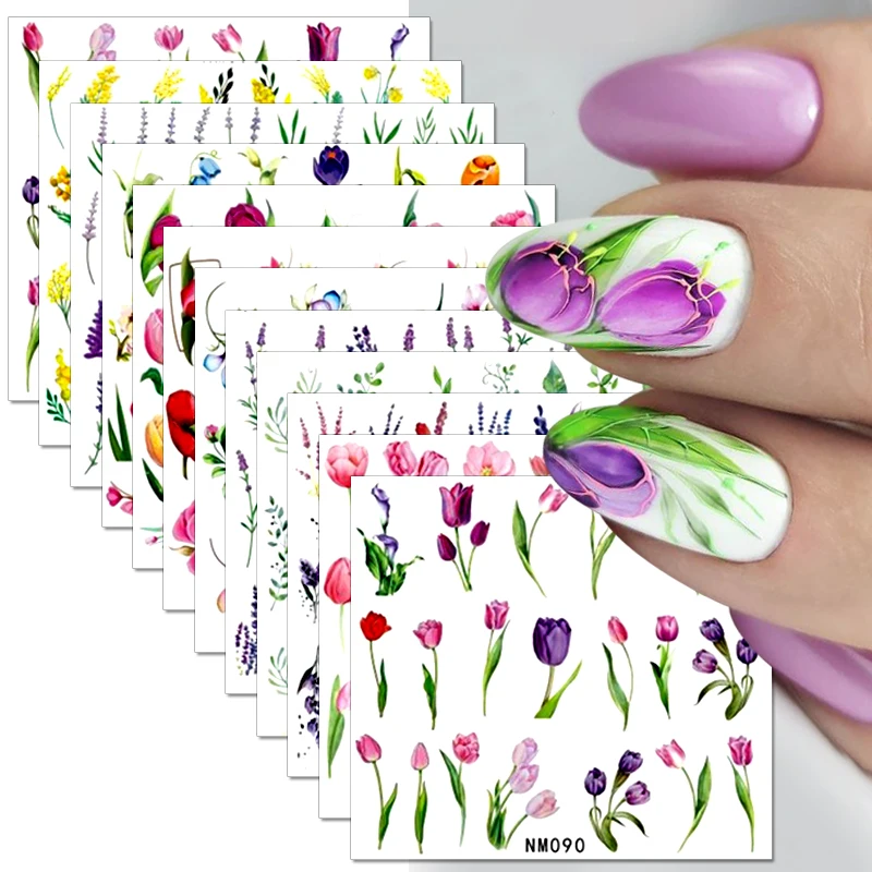 Top Trends: 12pcs Pink Tulip Flowers Nail Stickers Lavender Snowdrops Summer 3D Nail Decals Water Transfer Sliders DIY Manicure Decorations Shoppable Styles - Image 2