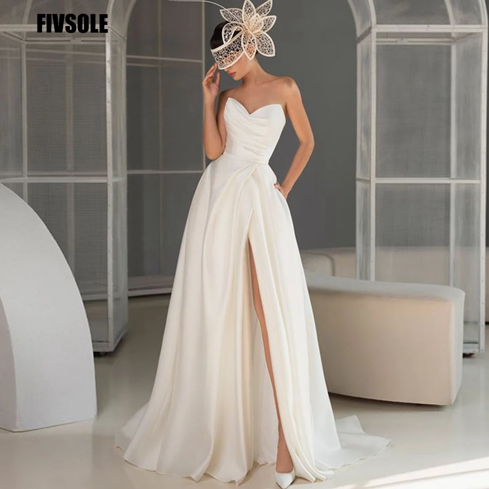 Top Trends: Fivsole White Sweetheart A Line Long Wedding Dresses 2022 High Side Slit Satin Bride Bridal Party Gowns Princess Robes Vestidos Shoppable Styles