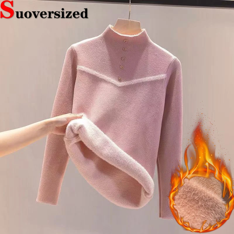 Top Trends: Plus Velvet Mock Neck Sweater Winter Thicken Slim Knitwear Tops Soft Plush Lined Warm Pullovers Korean Women&#039;s Knitted Sueter Shoppable Styles