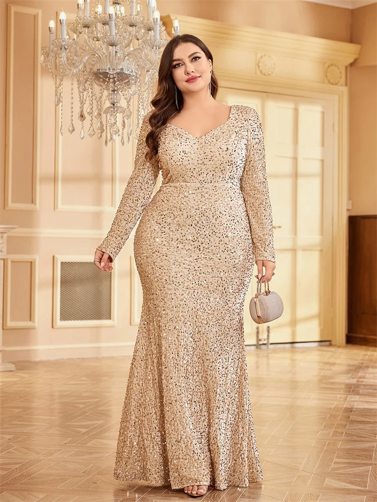 Top Trends: Lucyinlove Plus Size Gold Stretch Sequin Floor Length Evening Dress Long Sleeve Bodycon Mermaid Party V Neck Dress Cocktail Prom Shoppable Styles