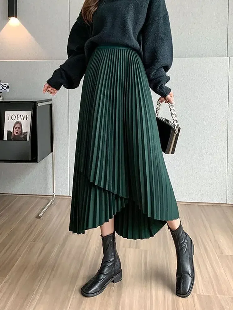 Top Trends: Goth Black Mid-length Skirt Women High Waist Pleated Skirt Asymmetric Slim Fit Vintage A-line Korean Fashion Women's Clothing Shoppable Styles