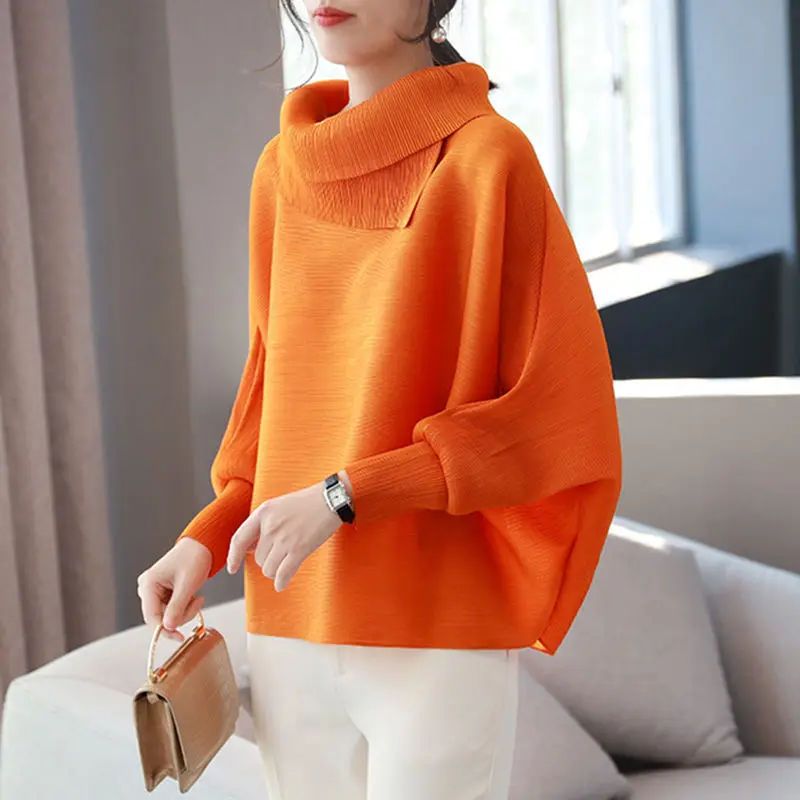 Top Trends: Fashion Solid Color Folds Asymmetrical Blouses Women's Clothing 2023 Autumn Winter Oversized Casual Tops Batwing Sleeve Shirts Shoppable Styles