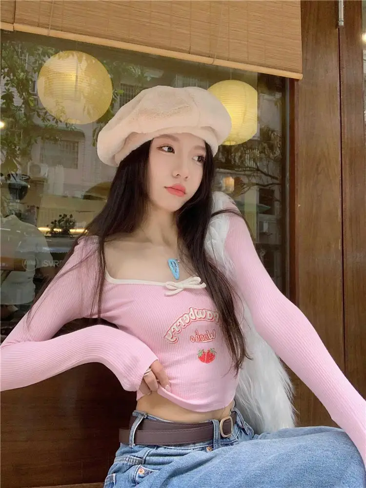 Top Trends: Deeptown Coquette Egirl Letter Pink Crop T-shirts Women Y2k Kawaii Cute Long Sleeve Tees Korean Fashion Sweet Slim Corset Tops Shoppable Styles