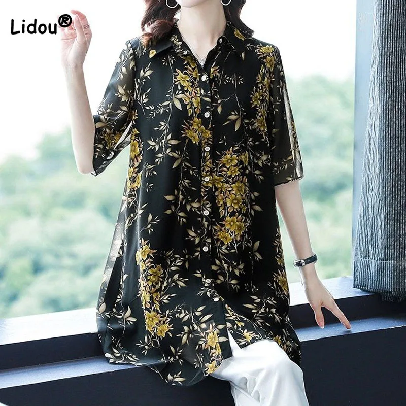 Top Trends: Casual All-match Female Printed Chiffon Shirt Summer New Women&#039;s Clothing Loose Fashion Single-breasted Turn-down Collar Blouse Shoppable Styles