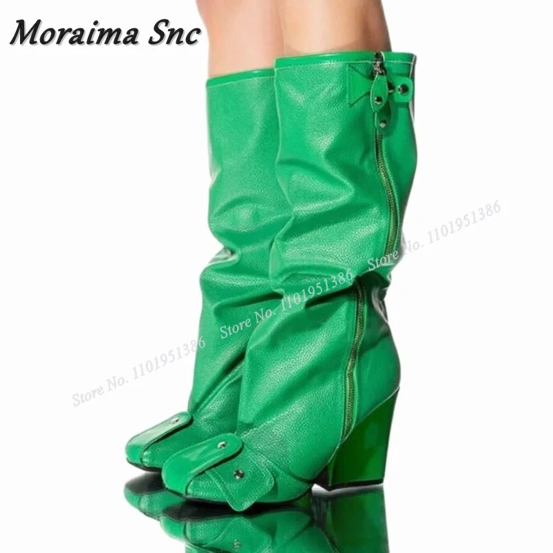 Top Trends: Moraima Snc Green Side Zipper Square Toe Boots Chunky Heel Pleated Shoes For Women Solid Autumn Winter Big Size Zapatillas Mujer Shoppable Styles