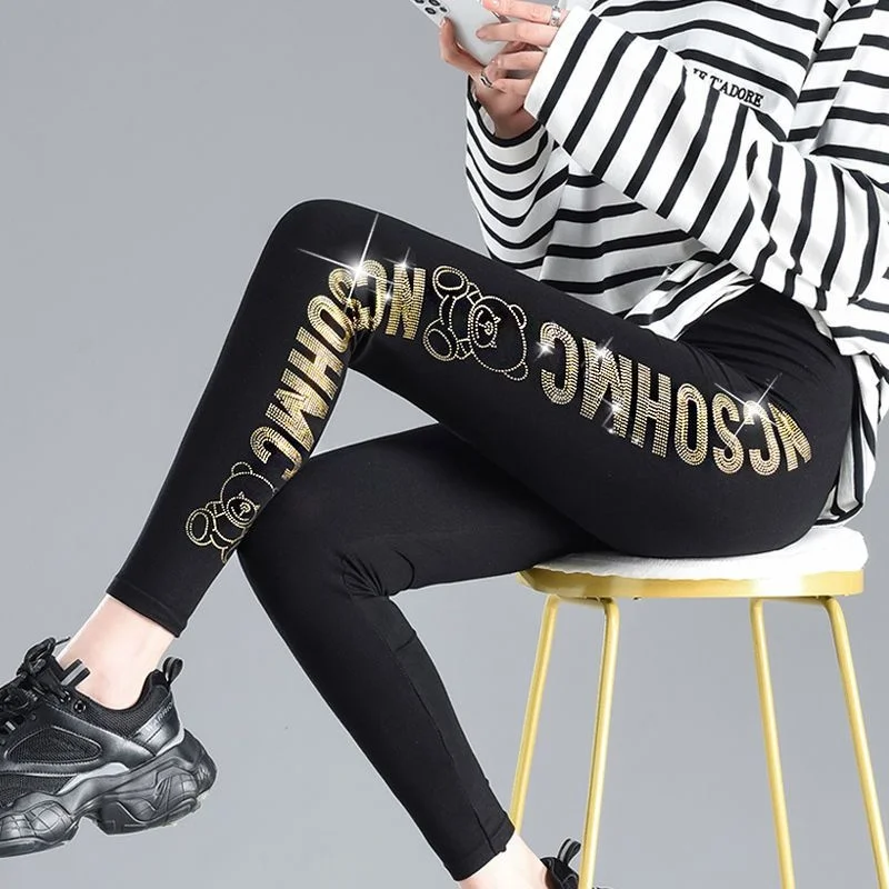 Top Trends: Black Gold Letter Bear Sequin Women&#039;s Leggings Pants High Waist Elastic Black Bottoms Pencil Trousers Shoppable Styles