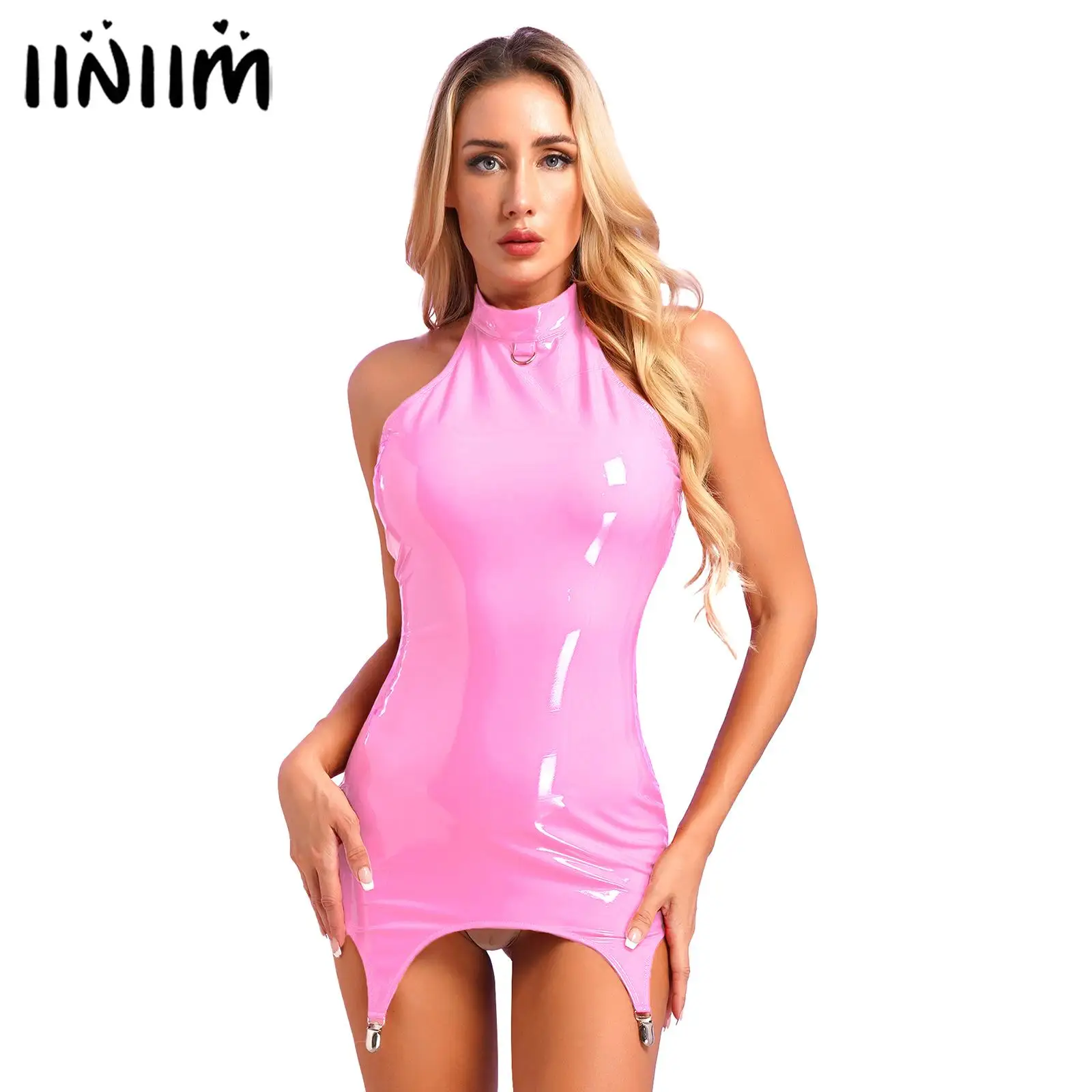 Top Trends: Women Bodycon Lingerie Dress With Garter Clips Patent Leather Bodycon Dress Halter Sleeveless Back Zipper Club Dress Clubwear Shoppable Styles