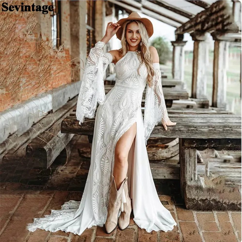 Top Trends: Sevintage Robe Boheme Halter Lace Boho Long Flare Sleeve Wedding Dress For Women 2024 High Slit Bohemian Bridal Gown For Women Shoppable Styles