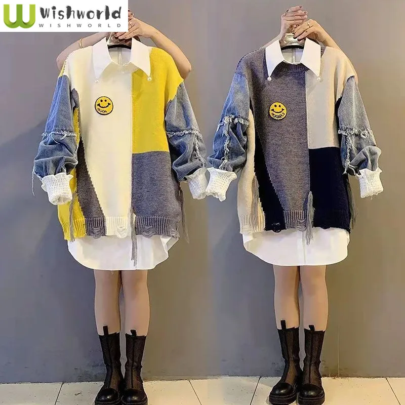 Top Trends: 2023 Winter New Cartoon Printing Denim Spliced Knitted Sweater Pullover Chiffon Shirt Two Piece Elegant Women's Sweater Set Shoppable Styles