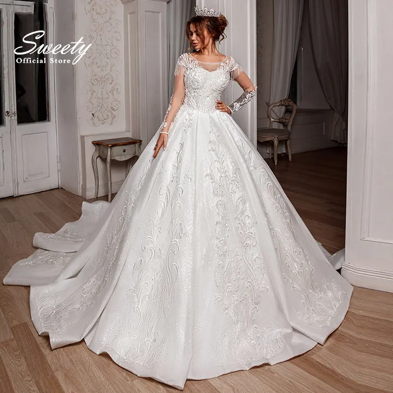 Top Trends: Luxury Wedding Dress Embroidered Lace On Net With Princess Ball Gown Elegant O-neck Sleeveless Bride Dress Lace Up Vestido De No Shoppable Styles