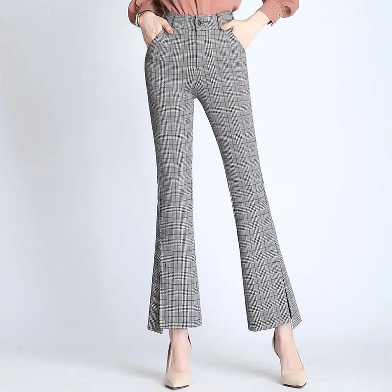 Top Trends: Office Lady Fashion Plaid Flare Pants Spring Autumn New Korean Women High Waist Pockets Slim Streetwear Casual Wide Leg Trousers Shoppable Styles