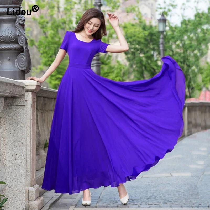 Top Trends: Fashion Casual Solid Color Short Sleeve Noble Slender Long Skirt Popularity O-neck Empire Chiffon Summer Women Clothing Shoppable Styles