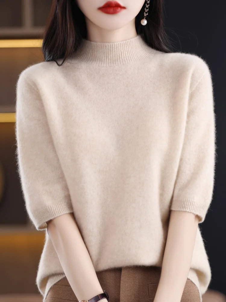 Top Trends: Fashion Half Short Sleeve 100% Merino Wool Sweater Basic Mock-Neck Cashmere Women Knitted Top Pullover Clothing Tops Shoppable Styles