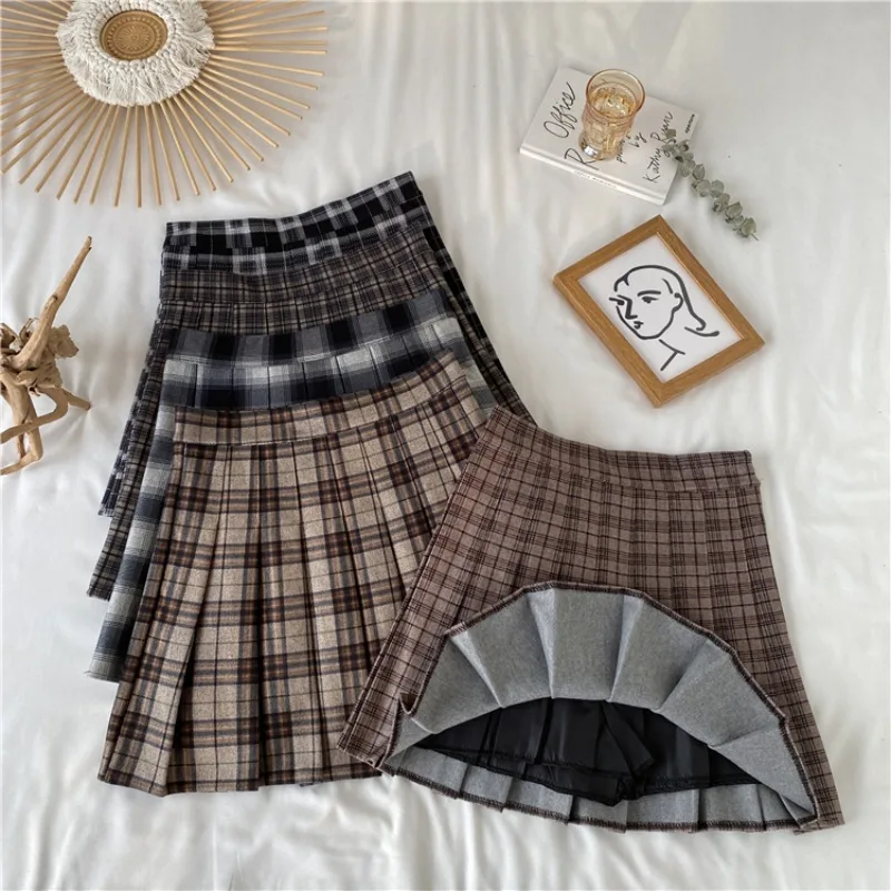 Top Trends: Korean Style Plaid Pleated Skirt Female Spring And Autumn High Waist Thin A-line Short Skirt Student Woolen 2022 NewSummer Skirt Shoppable Styles