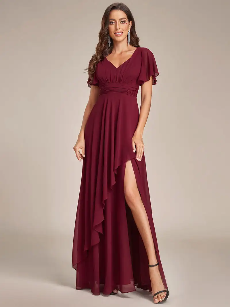 Top Trends: Elegant Evening Dresses Side Split V Neck Ruched Hidden Zipper 2024 Ever Pretty Of Chiffon A-Line Burgundy Bridesmaid Dress Shoppable Styles