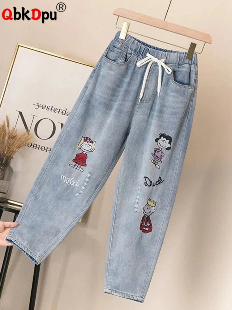 Top Trends: Cartoon Embroided Harem Jeans Baggy Ankle-length Denim Pants Lace Up Spodnie Straight Ripped Vaqueros High Waist Jeansy Big Size Shoppable Styles