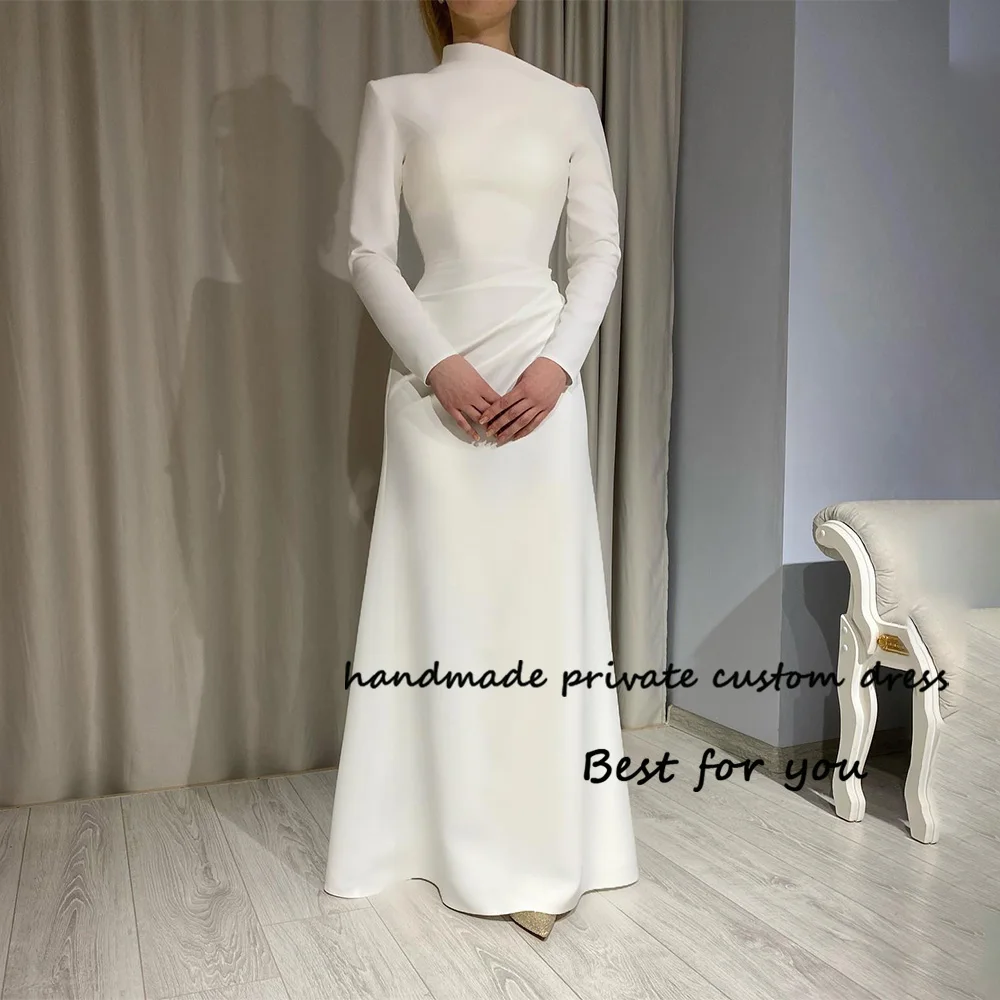 Top Trends: Ivory Satin Mermaid Evening Dresses Pleats Long Sleeve Half High Neck Dubai Formal Dress Maxi Women Evening Prom Gowns Shoppable Styles