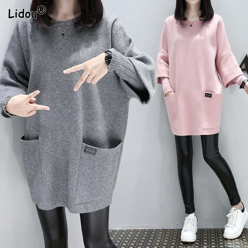 Top Trends: Korean Autumn Winter Pulse Size Cotton Sweatshirts Loose Drop Sleeve X-long O-Neck Female Pockets Decoration Two Fake Pieces Shoppable Styles