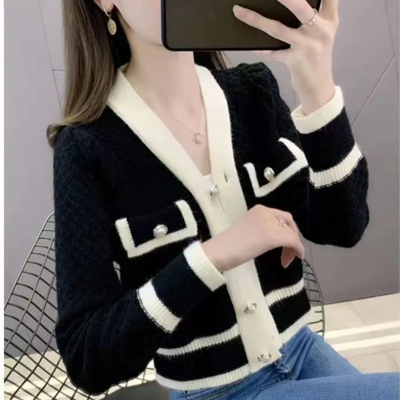 Top Trends: Spring And Autumn Women&#039;s Cardigan V-neck Long Sleeve Spell Colour Embroidered Flares Button Pocket Fashion Casual Knit Tops Shoppable Styles