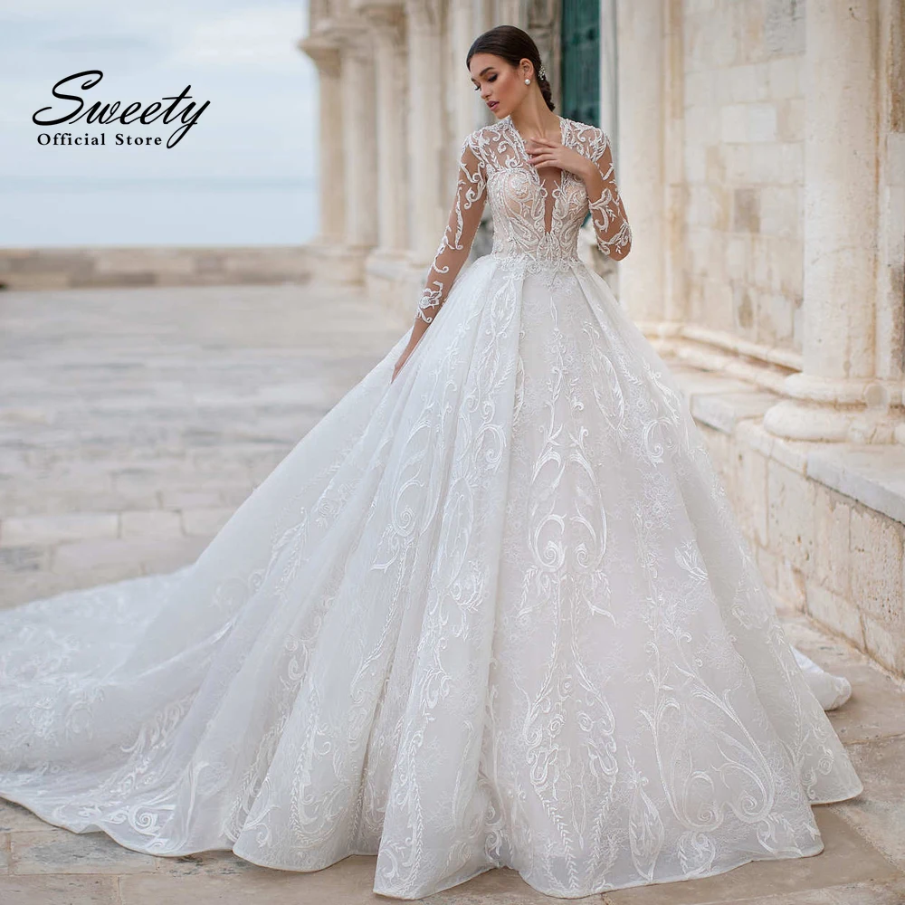 Top Trends: Luxury Wedding Dress Embroidered Lace On Net With Ball Gown Train V-neck Full Sleeve ​bridal Gown Button Lace Up Robes De Mariée Shoppable Styles