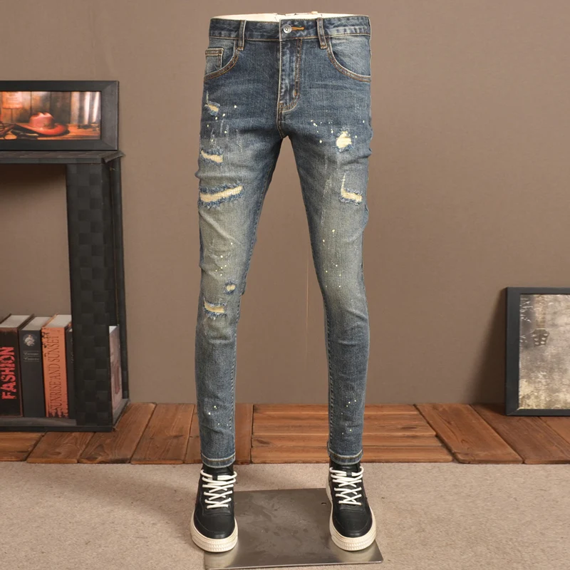 Top Trends: Fashion Streetwear Men Jeans Retro Blue Stretch Skinny Fit Ripped Jeans Men Patched Designer Vintage Casual Denim Pants Hombre Shoppable Styles