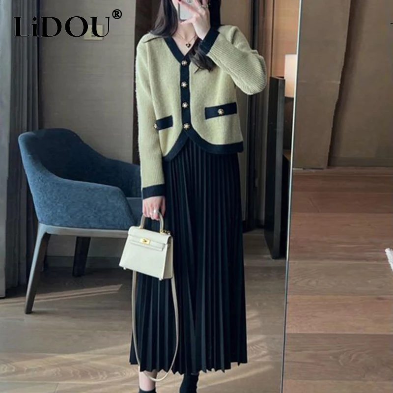 Top Trends: Autumn Winter Women's Elegant Fashion Butotns Knitting Coat Black Pleated Skirt Set Ladies Casual Cardigan Sweater Skirts Suit Shoppable Styles