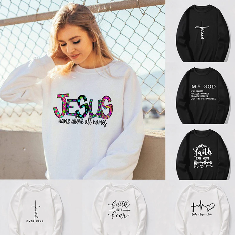 Top Trends: 2023 Women Jesus Print Sweatshirt Faith Over Fear Streetwear Autumn Winter O-neck Pullovers Harajuku Female Hoodie Tops Clothing Shoppable Styles