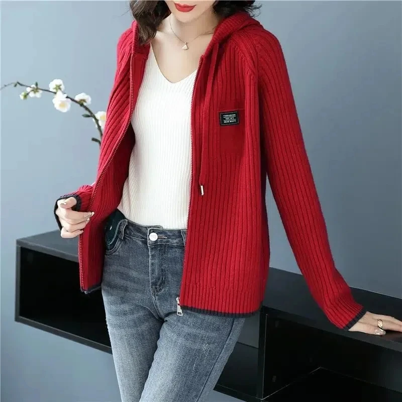 Top Trends: New Women Hooded Knitted Coat Spring Autumn Long Sleeve Zipper Cardigan Sweater Female Short Solid Knitwear Sweater Jacket S-3XL Shoppable Styles