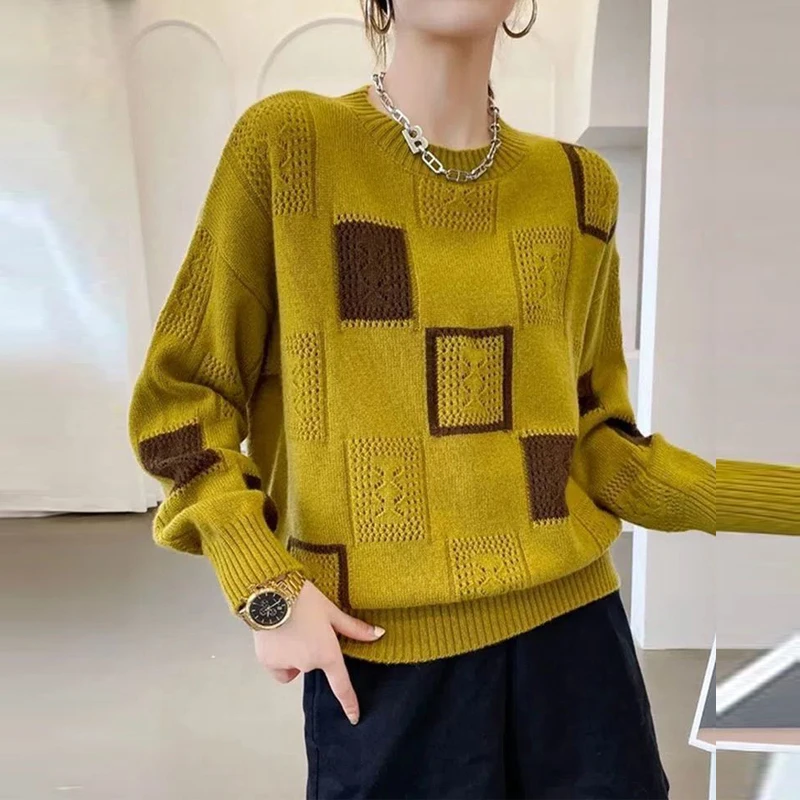 Top Trends: Womens Clothing Autumn And Winter Vintage Geometric Patchwork Knitted Sweater Casual Streetwear Pullover Tops Long Sleeve Jumper Shoppable Styles