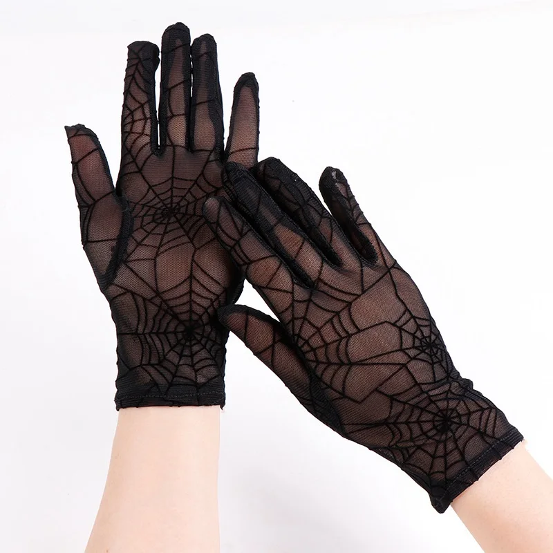 Top Trends: 1 Pair Black Cobweb Full Finger Gloves Women Sexy Transparentes Mesh Tulle Sun Anti-UV Halloween Gloves Female Driving Gloves Shoppable Styles - Image 5