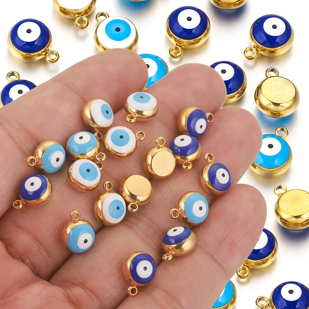 Top Trends: 10pcs 5 6 8mm Stainless Steel Round Enamel Sky Blue White Evil Eye Charms For Jewelry Making Findings Earring Bracelet Wholesale Shoppable Styles