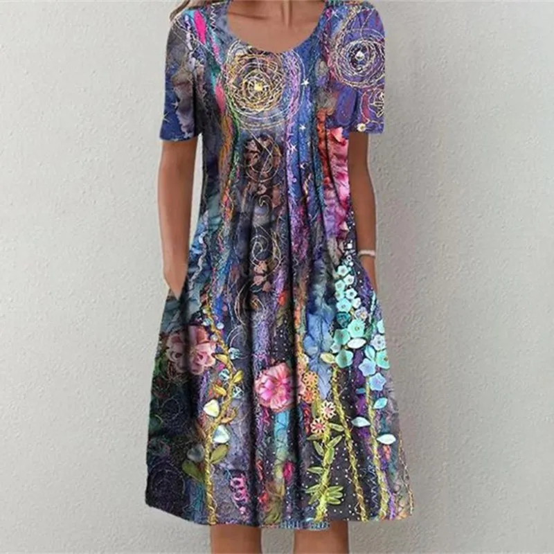 Top Trends: Fashion Elements Print Short Sleeve O Neck Pullover Dresses Female 2023 Summer Daily Commuter Casual Dressy Women's Clothing 5XL Shoppable Styles