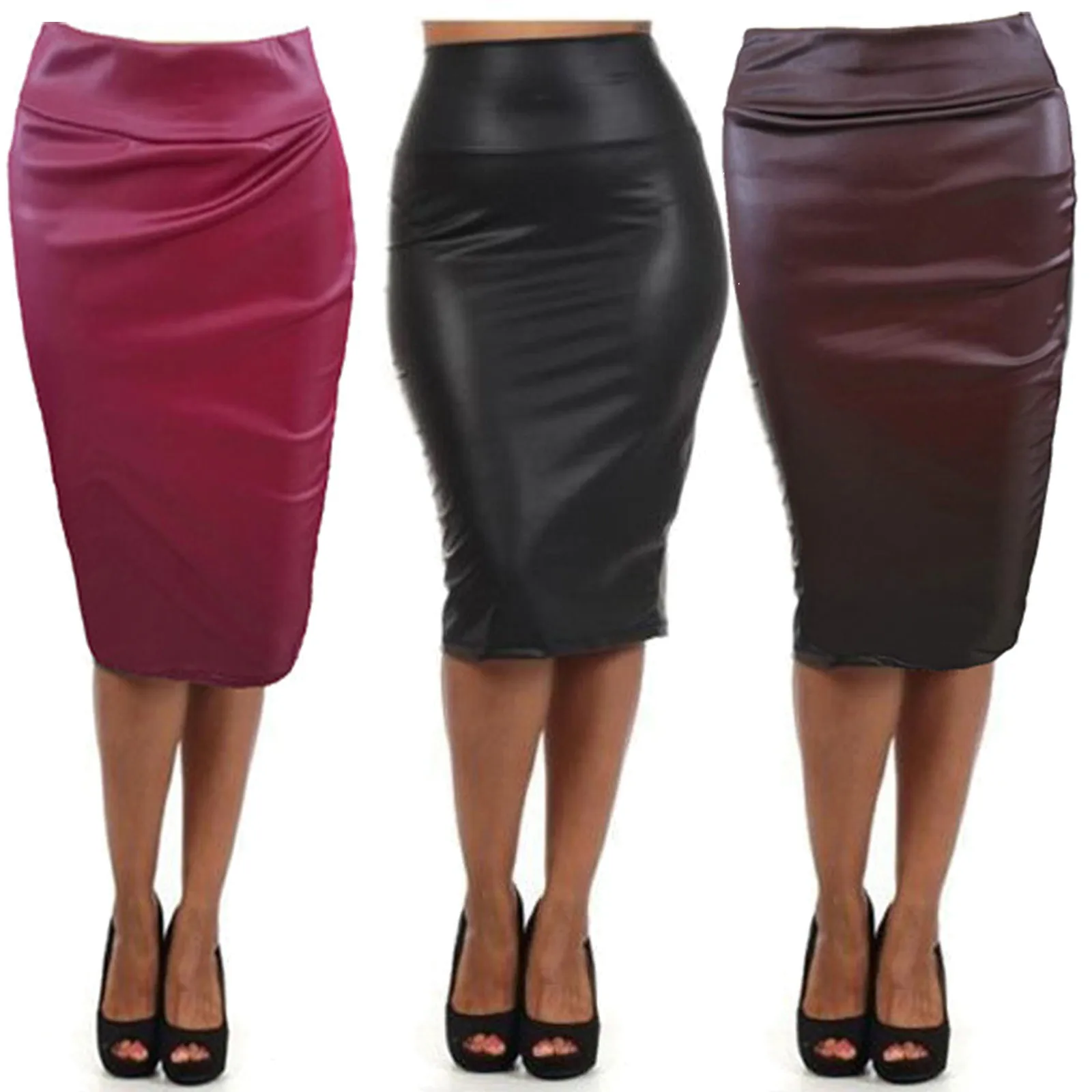 Top Trends: Sexy Womens Skirt Fashion Leather Pu Leather Skirt High Waist Pencil Skirts Sexy Club Vintage Bodycon Midi Skirt Jupe Faldas Shoppable Styles