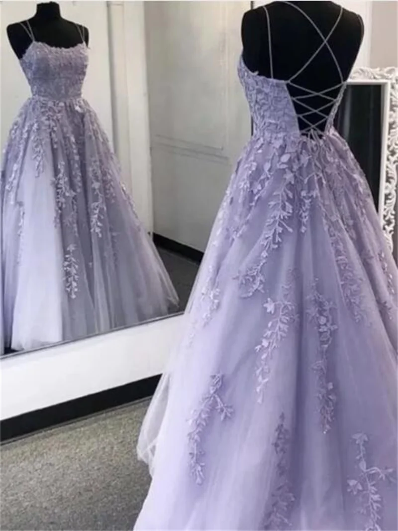 Top Trends: 2023 Lilac Lace Prom Dresses Spaghetti Straps Vestido De Fiesta Open Back A Line Women Prom Gowns Long Formal Evening Gowns Shoppable Styles - Image 2