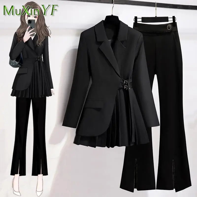 Top Trends: Women's Autumn Winter Temperament Midi Suit Coat+ Split Micro Flare Pants Two-piece Korean Elegant Fashion New Casual Blazers Set Shoppable Styles