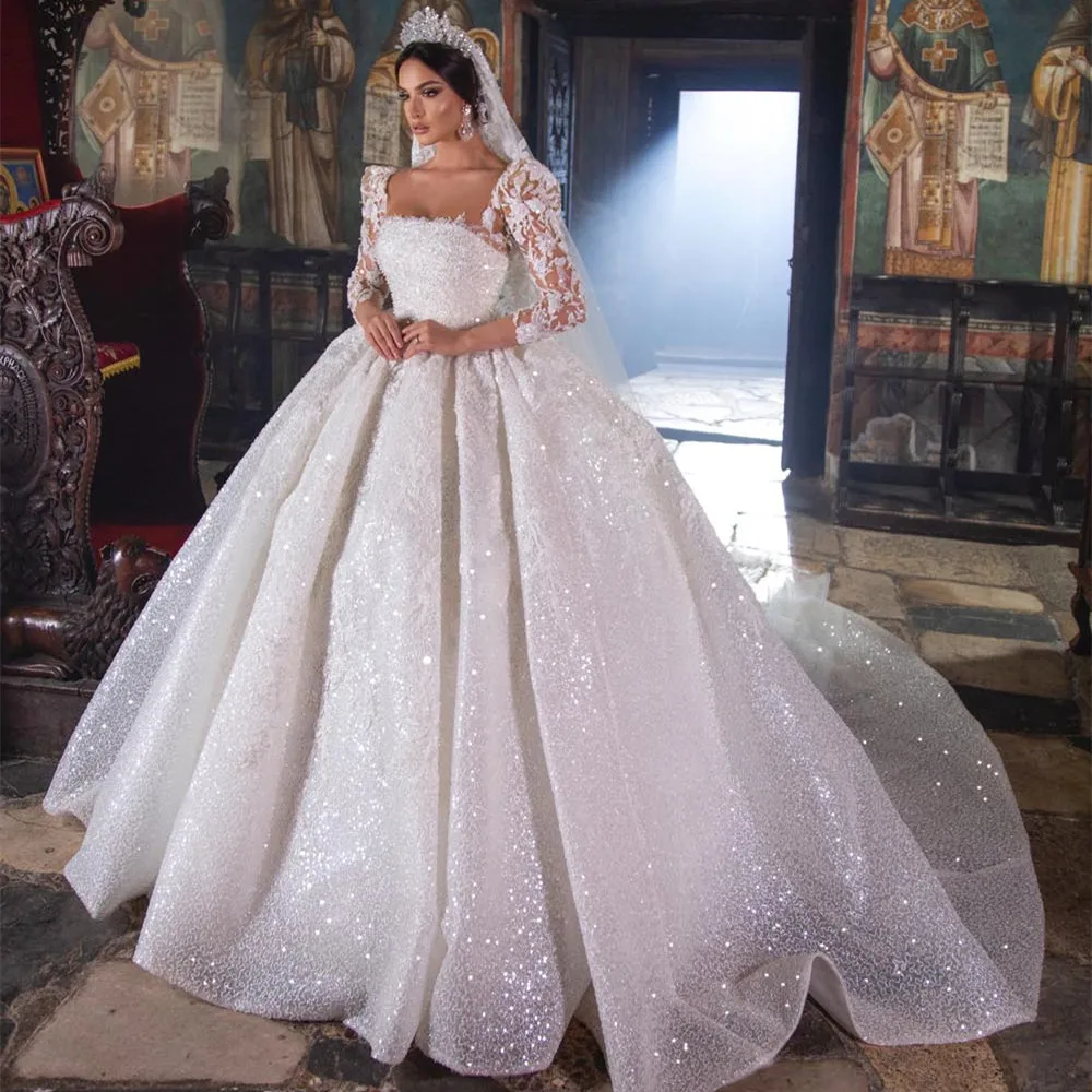 Top Trends: Amazing Sparkly Wedding Dresses Princess Ball Gown Puff Long Sleeeves Lace 2022 Dubai Bridal Gowns Square Neck Pearls Royal Shoppable Styles