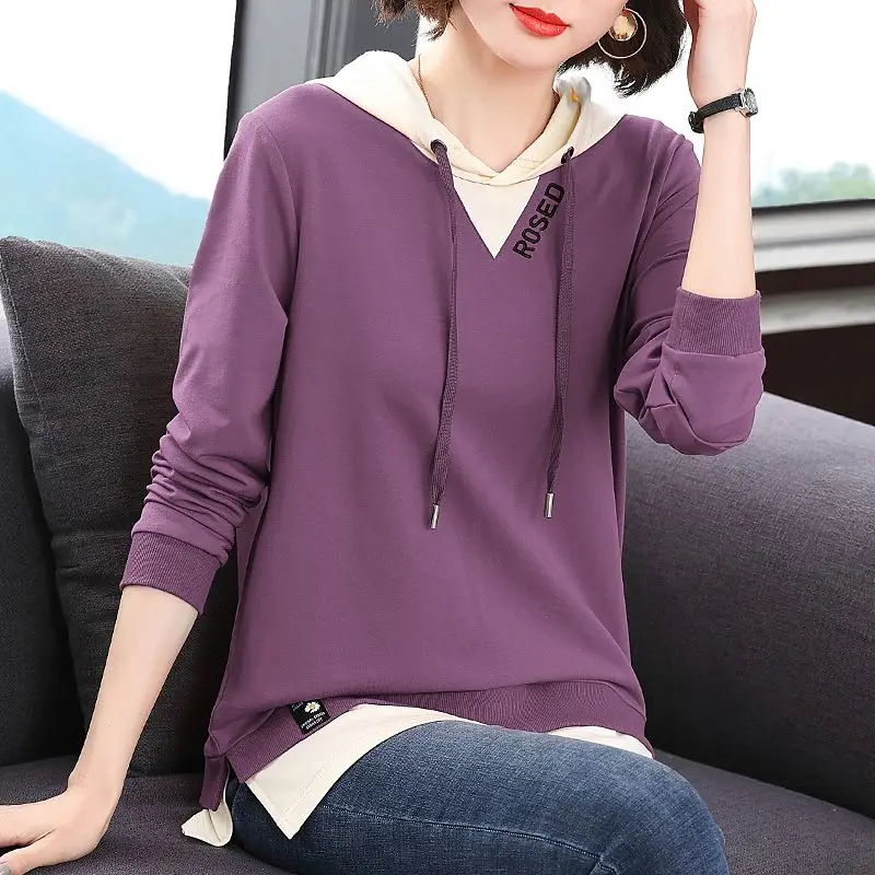 Top Trends: Female Fashion Casual Solid Color Spliced Hooded T-shirt Autumn New Commute Simplicity Fake Two Pieces Tops Women&#039;s Clothing Shoppable Styles