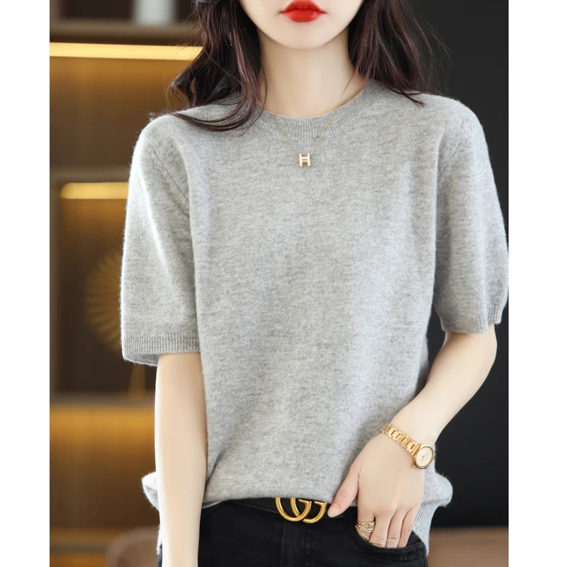 Top Trends: Spring And Summer New Round Neck Short Sleeve 100% Wool Knitted T-shirt Women's Loose Half Sleeve Knitted Bottoming Shirt Shoppable Styles